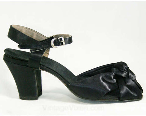 Size 4.5 Black Satin Heels - Gorgeous Pin Up Girl 40s 50s Open Toe Shoes - 4 1/2 Elegant Glamour Pumps - 1940's Deadstock - Pristine