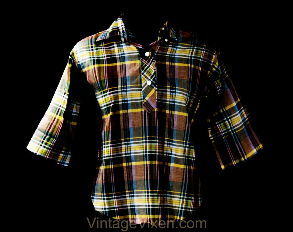 Small 1950s Oxford Polo Shirt - 50s Plaid Cotton Casual Top - Cuffed Short Sleeve Summer Shirt - Red Pine Green Goldenrod Black - Bust 37