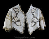 Size Small Victorian Jacket - 1890s 1900s Edwardian Summer Bolero - Cutwork Ecru Linen & Crochet Flowers with Jagged Hem - Bust 34