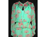 Size 2 Garden Party Dress - Green & Pink Daisy 1970s Chiffon Ensemble - 130 Dollar Original Tag - Spring 70s Deadstock - Bust 32 - 32502