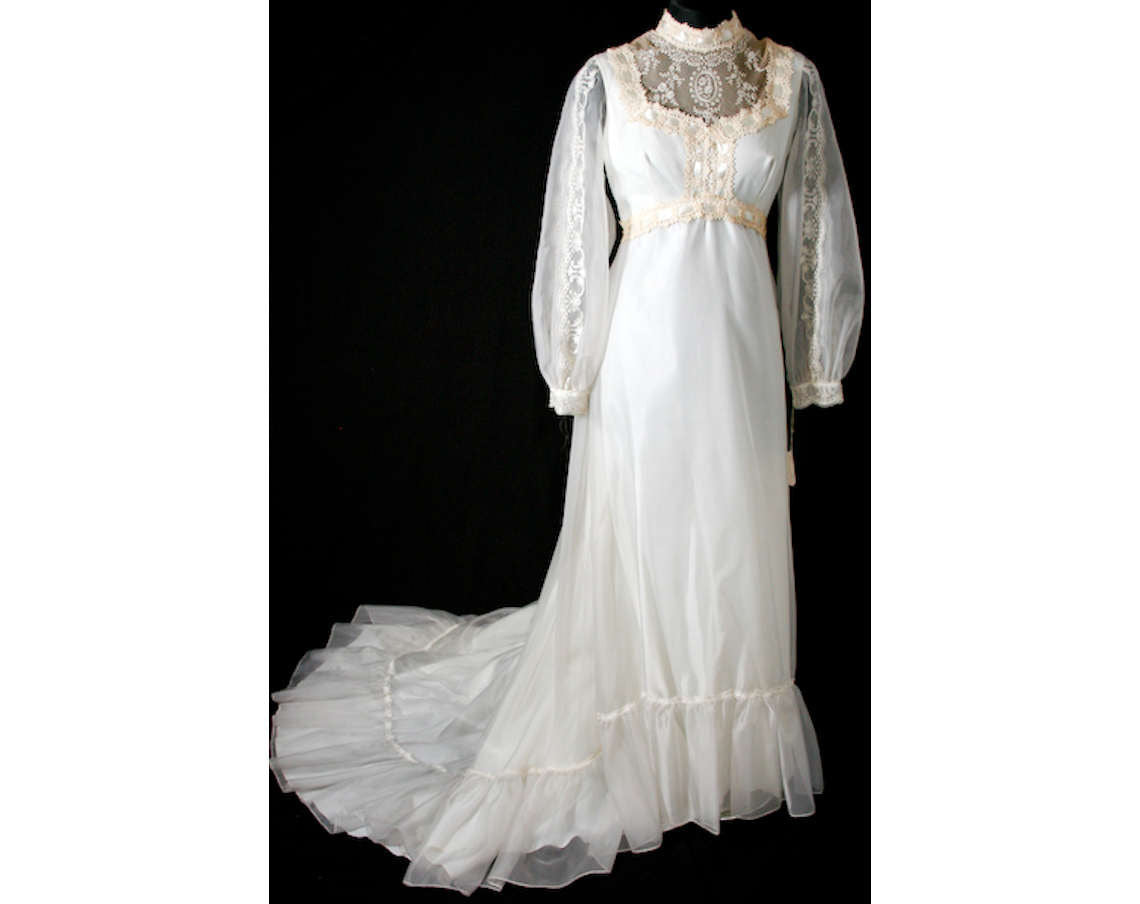 Size 8 Wedding Dress - Victorian Inspired 1970s Organdy Bridal Gown wi Vintage Vixen Clothing Size 8 Wedding Dress - Victorian Inspired 1970s Organdy Bridal Gown wi Vintage Vixen Clothing
