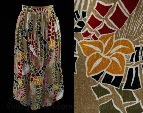 Size 2 Boho Resort Skirt - 1980s Rayon & Flax - Khaki Red Yellow Palm Frond Tropical Print - Waist 24 Inches - XS Trendy Bohemian Summer