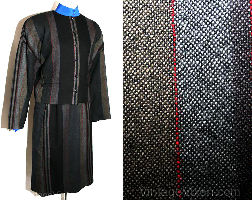 Size 8 Three Piece Suit - 1980s Black Red Striped Career Suit & Cobalt Blouse - Originally 225 Dollars - Roth Le Cover - Waist 27 - 31454