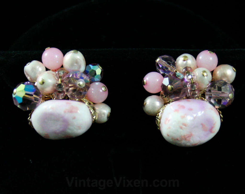 Vendome Pink Earrings - Glam - 1950s - Pink Pebbles - Violet Cut Crystal - Bead Clusters - Clips - Designer - Pale Pastel Colors - 42416