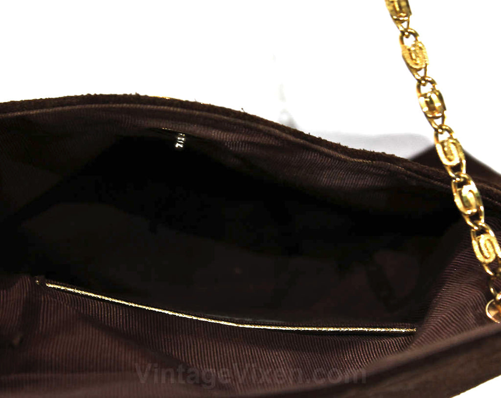 60s Brown Shoulder Bag - Brassy Gold Chain Strap - Chocolate