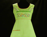 Size 8 Mini Dress - Acid Trip 1960s Lime Green Dollybird - Small Medium 60s Mod Summer Sleeveless - Rag Dolls Embroidery - Bust 34.5