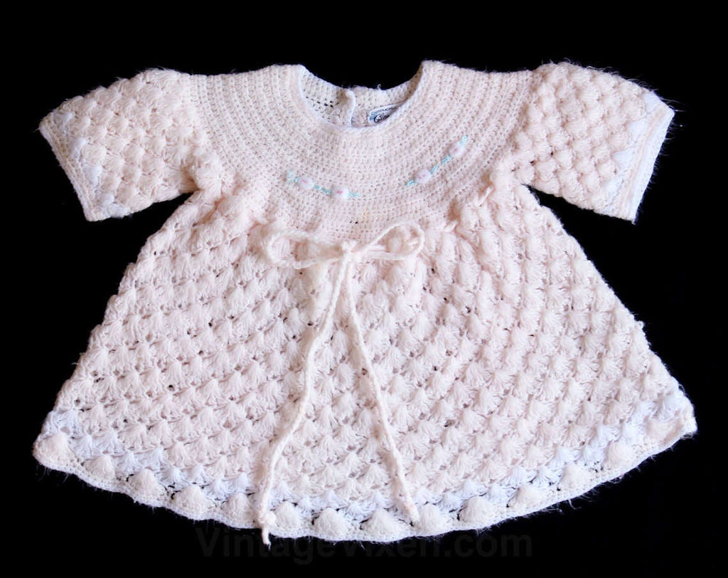 FINAL SALE Knit Baby Dress - Size 6 Months - Girl's 50s 60s Pale Pink Knit with Sweet Yarn Flowers - 1950s Glamour Girl Label - Chest 18
