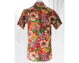 Size XXS 1940s Men's Red Hawaiian Style Shirt - Tropical Flowers Print Cold Rayon - 40s Summer Beach Clothes - Teen Boy Size 16 - Chest 34
