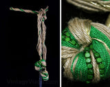 Asian Art-to-Wear Belt in Natural Rope, Green Yarn & Wooden Beads - Medium Size 8 to 10 - Wearable Art - Handmade 1980s Avant Garde Artisan