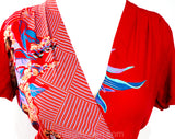 Size 6 Asian Rayon Print Dress - 1940s Inspired Red Floral Summer Faux Wrap Frock - 70s 80s Retro Short Sleeve with Border Print - Bust 33.5