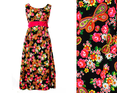 Size 6 Paisley Butterfly Maxi Dress - Bohemian 70s Sleeveless Ankle Length Gown - Black Green Pink Orange Psychedelic with Velvet - Bust 35
