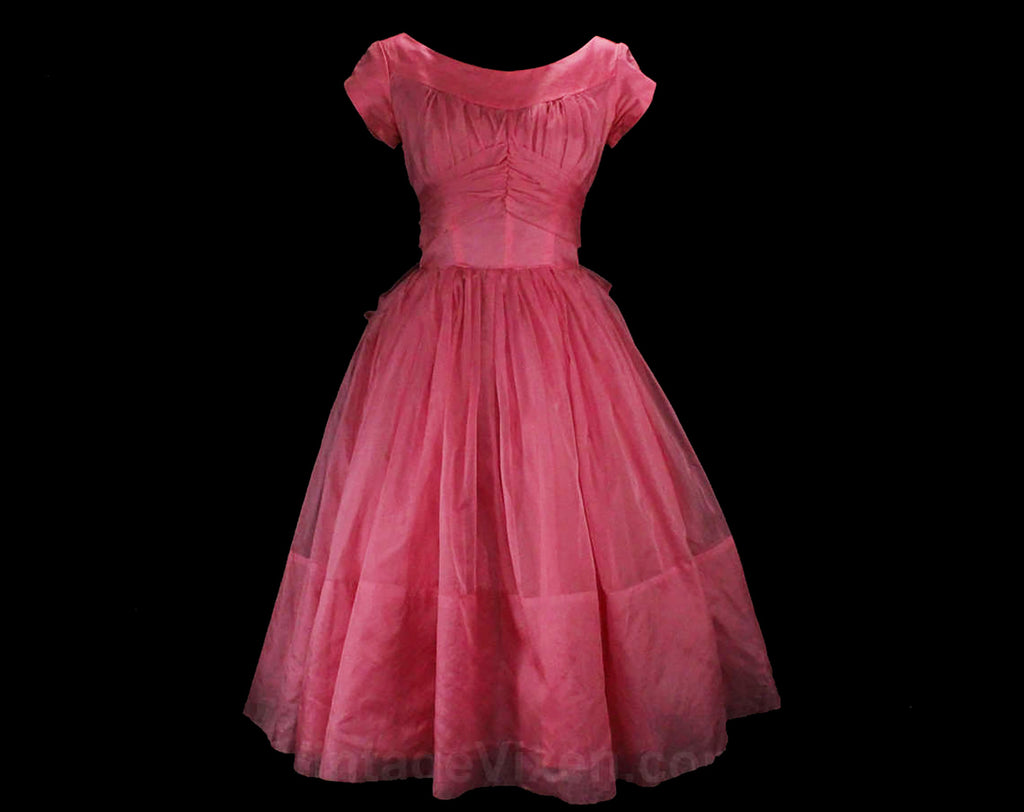 Size 4 Pink Pin-Up Dress - 1950s Cocktail Party Frock - 50s 60s Fit & Flare Cupcake Full Skirt - Bubble Gum Pink Silk Organza - Waist 25