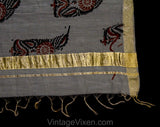 Indian Sari Fabric - 1950s 60s Paisley Block Print Cotton - Gray Terracotta Orange Black - Metallic Gold Border - Knotted Fringe - Yardage