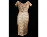Size 10 Cocktail Dress - 50s Mocha Lace Hourglass Dress with Pearls & Beadwork Neckline - Medium 1950s Brown Lace On Taffeta - Waist 28