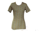 XXS Resort Style T Shirt from Italy - Green & Orange Striped Seashell Print 1970s Tee - Short Sleeved Summer Shells Cotton Top - Bust 32.5