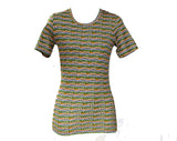 XXXS Resort Style T Shirt from Italy - Green & Orange Striped Seashell Print 1970s Tee - Short Sleeved Summer Shells Cotton Top - Bust 31