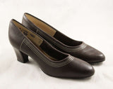 Size 6.5 Brown Shoes - Retro 1970s Dark Chocolate Brown Faux Leather 1930s Style Pumps - 6 1/2 M - Stitched Detail - 30s Look NOS Deadstock