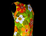 Size 8 Hawaiian Sun Dress - 1960s Summer Luau Style Sleeveless Sheath - Bright Orange Red Lime Green Yellow - Made in Hawaii - Bust 36.5