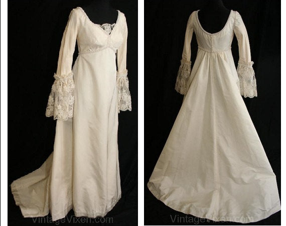 Size 8 Medieval Wedding Dress - Lady of Camelot Style 1960s Ivory Renaissance Bridal Gown - Lace Bell Sleeve - Priscilla of Boston Deadstock