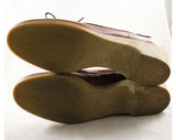 Size 6 Tan Leather Shoes - Preppie 1980s Pumps - Preppy 80s Brown Leather Shoe - Lace Up & Bow - Wedge Rubber Heels - Deadstock - 47660-1