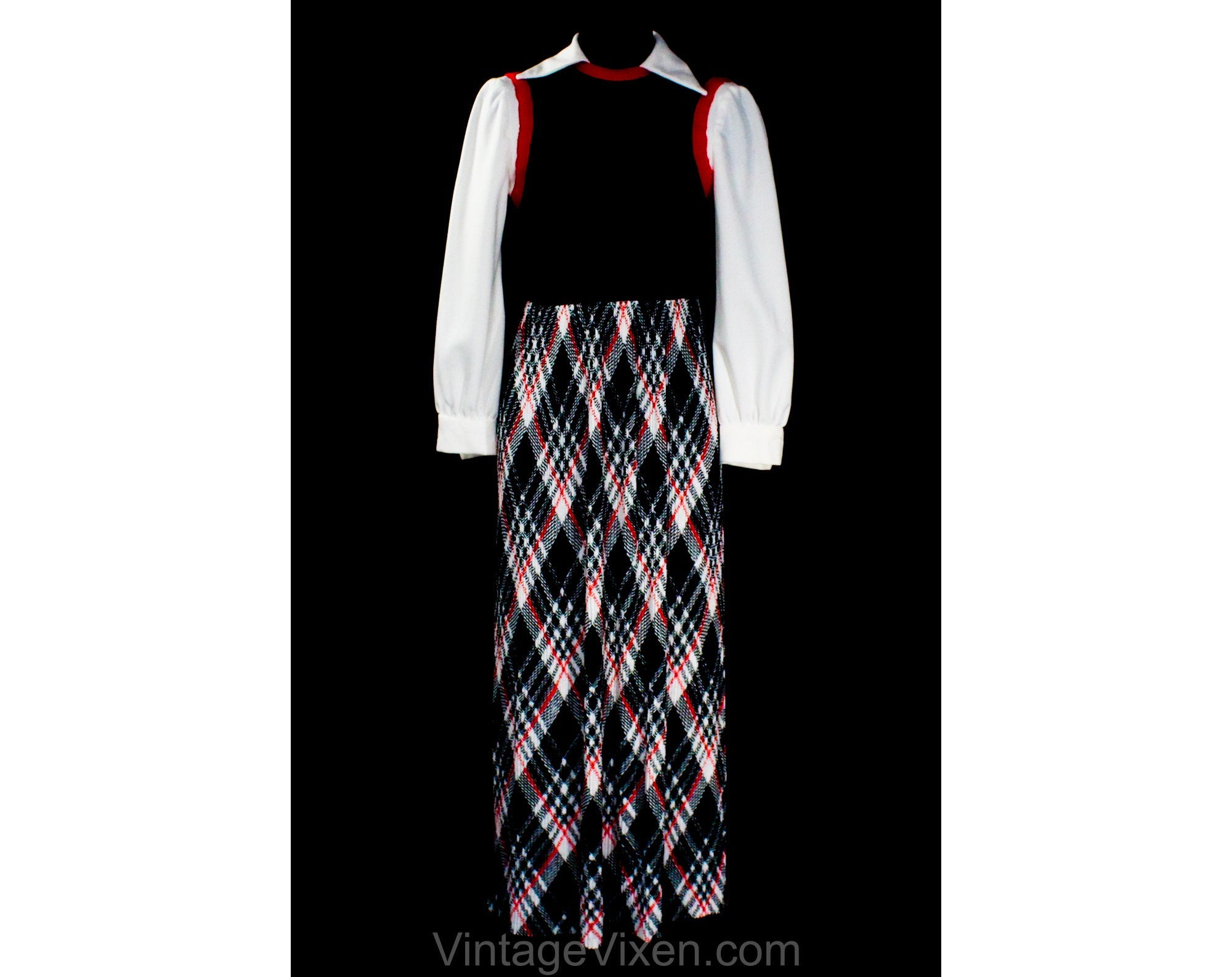 Size 6 Maxi Dress - Small 70s Black Red & White Color Block Bodice and Vintage Vixen Clothing Size 6 Maxi Dress - Small 70s Black Red & White Color Block Bodice and Vintage Vixen Clothing