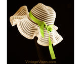 1970s Floppy Brim Sun Hat - Sheer Pink Spring & Summer 70s Deb Style - See Through Faux Horsehair - Wavy Big Brim - Apple Green Ribbon