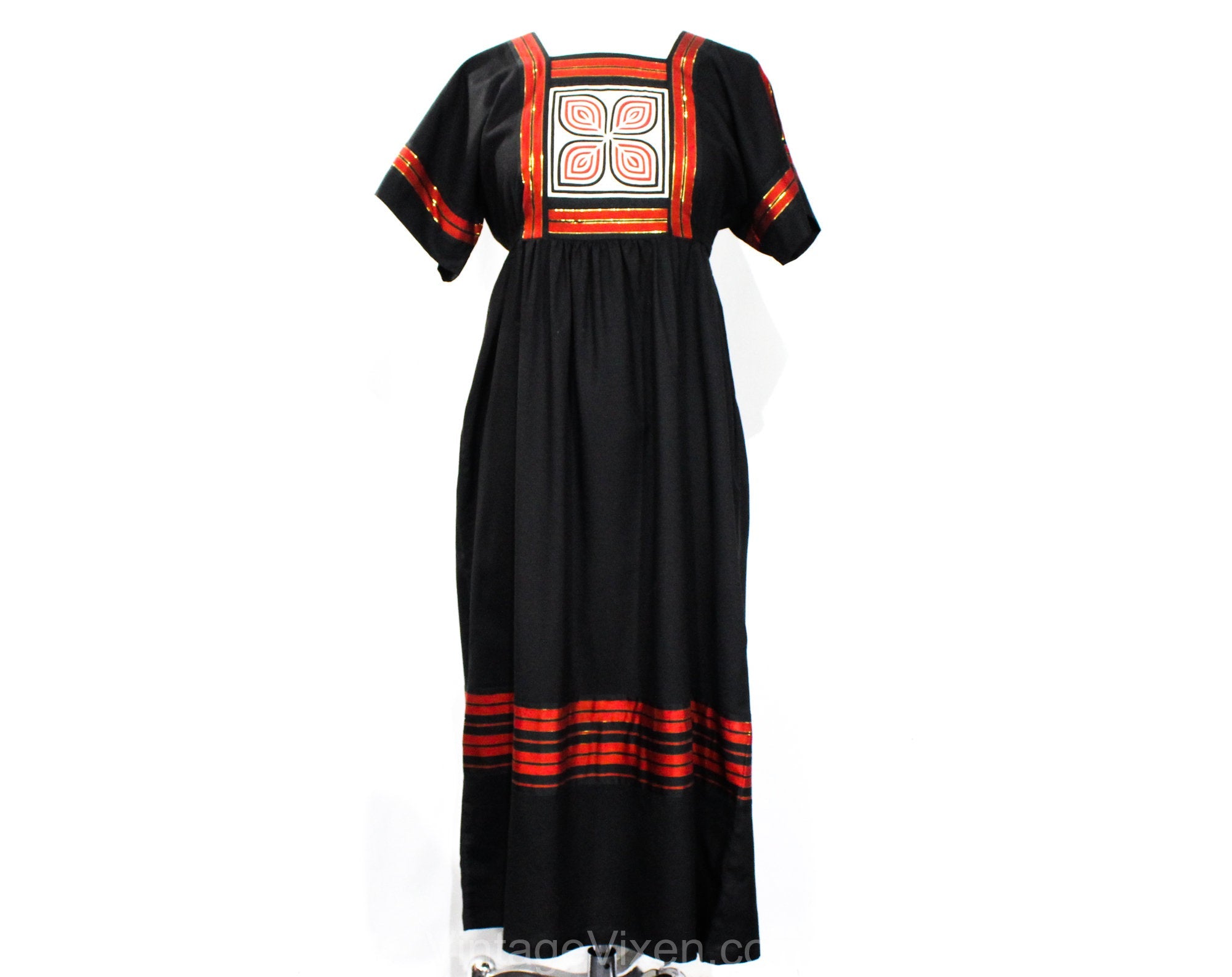 Size 6 Hippie Dress - 1970s 80s Small Black Cotton Blend Kaftan with H Vintage Vixen Clothing Size 6 Hippie Dress - 1970s 80s Small Black Cotton Blend Kaftan with H Vintage Vixen Clothing