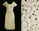 Size 6 Ribbon Dress - 1950s Beige Stitched Soutache Cocktail - Neutral Taupe Ribbonwork Small 50s Dress - Original Belt - Pristine - Bust 34