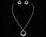 Silver Crescent Necklace & Earrings - 1950s 1960s Elegant Modern Demi Parure - Rhinestone Circles - Stainless Metal - Top Quality Krementz