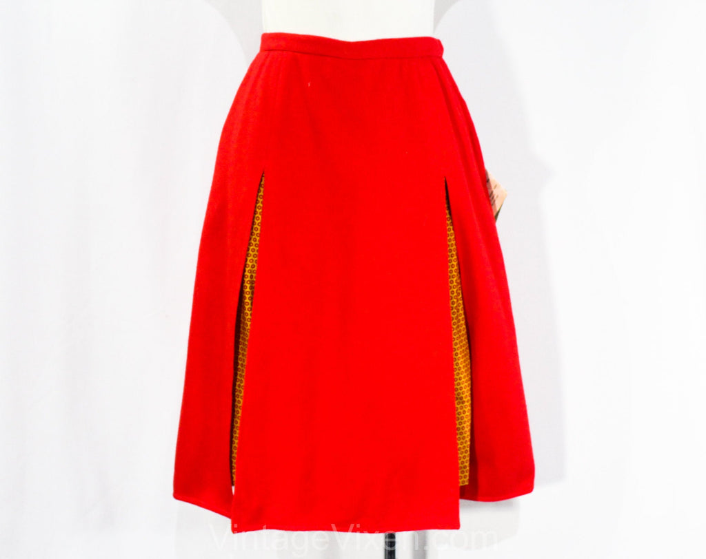 Size 0 Pedal Pusher Skirt - XXS 1960s Red Wool Skirt with Yellow Daisy Print Short Pants Lining - 60s Girl Friday NWT Deadstock - Waist 23.5
