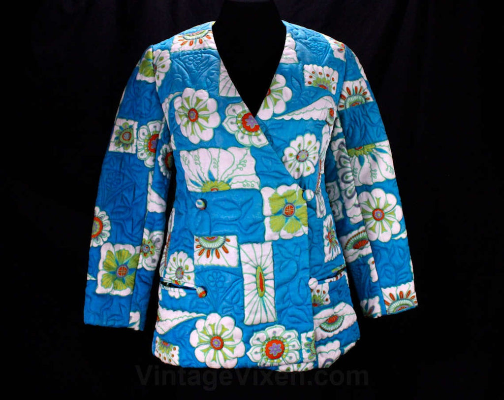 Size 6 Asian Jacket - Turquoise Orange Green Quilted Blazer - Oriental Polynesian with Chartreuse Lining - Dynasty Label - Bust 33.5 - 48655