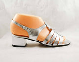 Size 5 Sandals - Silver 1970s Strappy Shoes - Metallic Snakeskin Pattern - Ankle Strap Heel - Open Toe - 70s Deadstock - 5 M - 47872-3