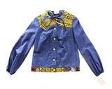 1970s Funky Pant Set with Hood - 70s Denim Chambray Hooded Jacket & Quilted Bellbottom - Size 0 Blue Batik Paisley Patchwork Novelty Print