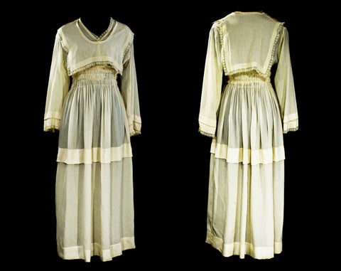 Size 4 Antique Dress - 1910s Titanic Era Silk Crepe Frock - Exquisite Ivory Bone Afternoon Gown with Sailor Collar & Shirring - Waist 25