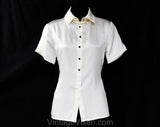 XS Small Ivory Silk Satin Blouse by St John - Designer 1990s Short Sleeve Shirt - Classic 90s White Office Top with Metal Chain - Bust 34