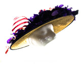 1940s Straw Picture Hat with Violet Flowers & Pink Striped Ribbon - 40s Spring Wide Brim Millinery - Estate of Hollywood Star Gladys Glad