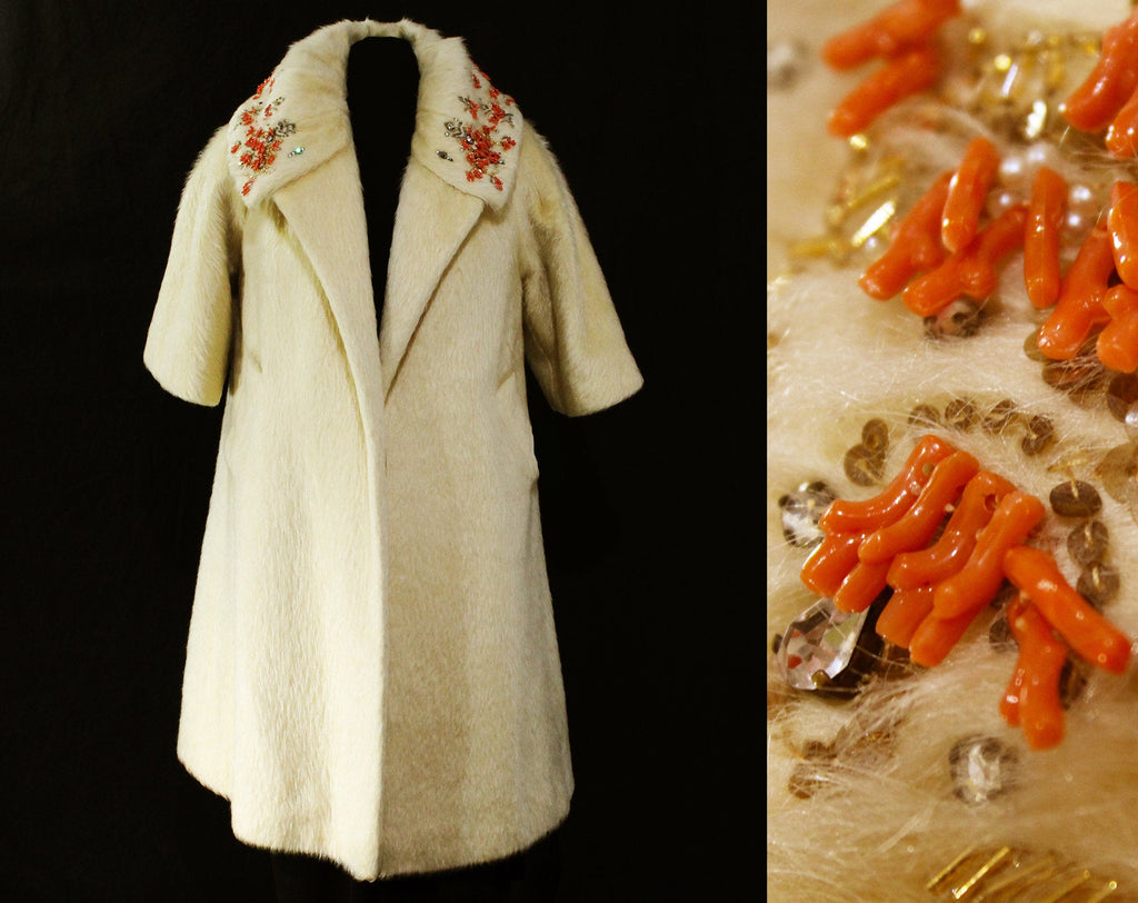 Rare Lilli Ann Swing Coat - 50s 60s Orange Coral Reef Branches & Rhinestones with Beadwork and Gold Sequins - Ivory Mohair - Medium