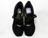 Size 5 1940s Deco Shoes - Unworn Beautiful Black Suede 40s Pumps with Leafy Cutouts & Asymmetry - Open Toe Heels - Pin Up Girl NOS Deadstock