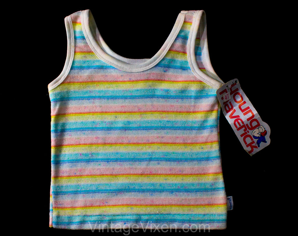 4T Rainbow Striped Tank Top - Pastel Terrycloth 1970s Toddler Shirt - Sleeveless Girl's Summer Hazy Soft Casual Knit - 70s 80s Deadstock NWT