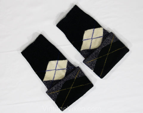 1950s Arm Warmers - Forest Green & Navy Wool Argyle Plaid Sleeve Gauntlets - Like Gloves Without Hands - Hand Knitted Authentic 50s Cuffs