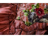 Full Size 1940s Bedspread - Sweet Pink & Green Roses Print on Glam Satin - 40s Rayon Bedroom Linens - Double Bed Cover - Chain Stitching