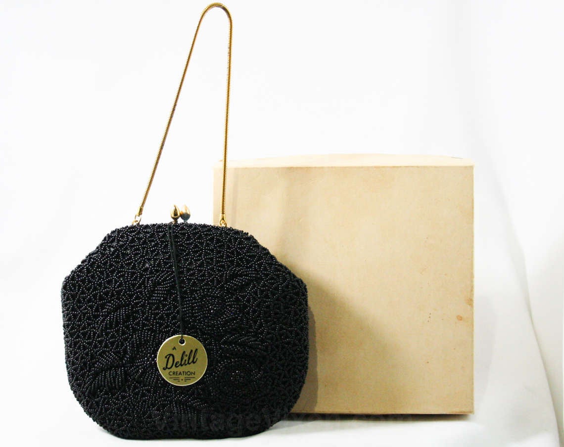Vintage Beaded Bag / Evening Bag / Purse, Black Gold, Prom