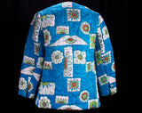 Size 6 Asian Jacket - Turquoise Orange Green Quilted Blazer - Oriental Polynesian with Chartreuse Lining - Dynasty Label - Bust 33.5 - 48655