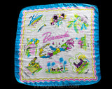 Bermuda Souvenir Scarf - 1950s 60s Tourist Novelty Print - Map of Tropical Islands - Sheer Pink Blue White Silk - Landmarks - Large Square