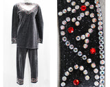 Size 18 Disco Pant Suit - Plus Size 1970s Glitz & Glamour - 70s Silver Red Sparkle Knit Tunic Shirt Pants - Long Sleeve Pantsuit - Bust 46
