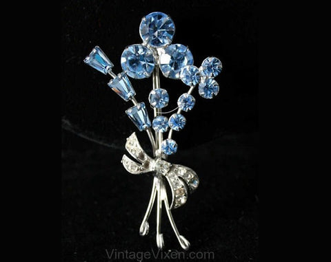 Springtime Baby Blue Rhinestone Bouquet Pin - Spring 1950s Brooch - Flower Motif - Bow Accent - 50s - Excellent Condition - 39045-1