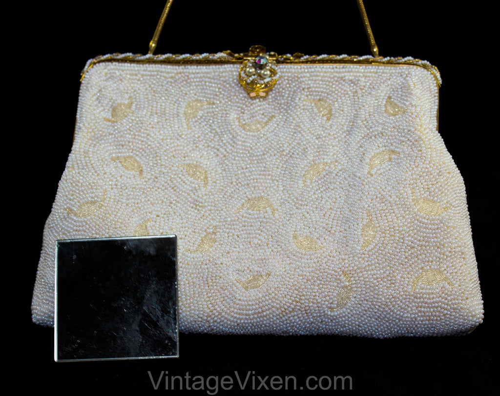 1940s 50s Pastel Beaded Evening Bag - Pearls & Embroidered Flowers