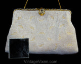 French Evening Bag - White Beaded Formal Purse with Pastel Enamel Flowers - 40s 50s Handbag - Crescent Beading - Chain Strap - Made in Paris