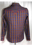 Size 10 Blue Plaid Western Shirt with Red Satin Detail - Lady Cowgirl 80s Rockabilly Look Long Sleeved Top - Retro 80s - Bust 36 - 35780