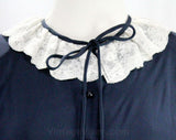 Size 10 Valentino Blouse - 1980s Gorgeous Dark Blue Silk Long Sleeved Shirt - Small Medium 80s Designer Top with Lace Ruffle - Bust 37